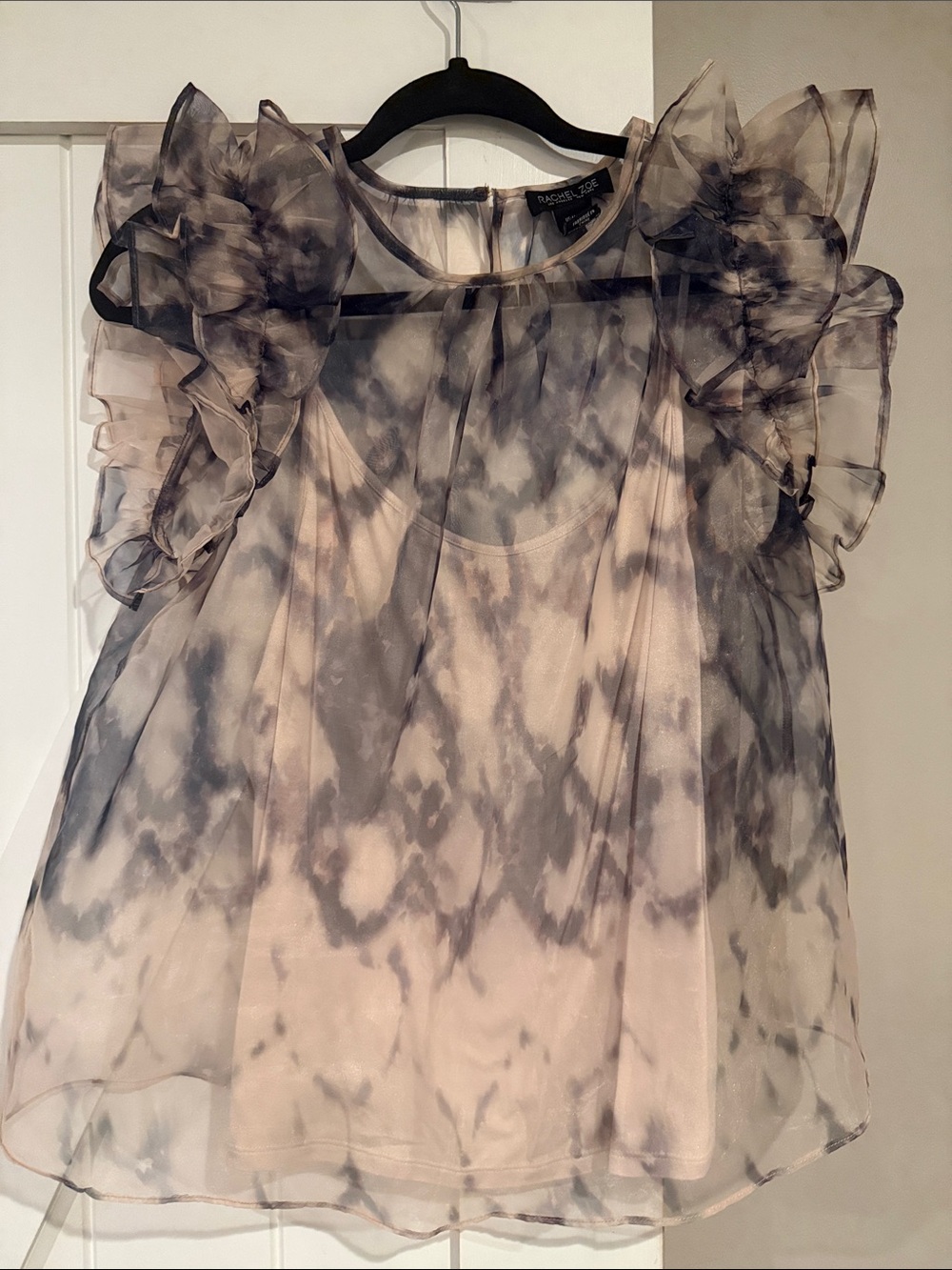 Rachel Zoe- Ruffled Sheer Tie-Dye Blouse - Gray/Light pink rose